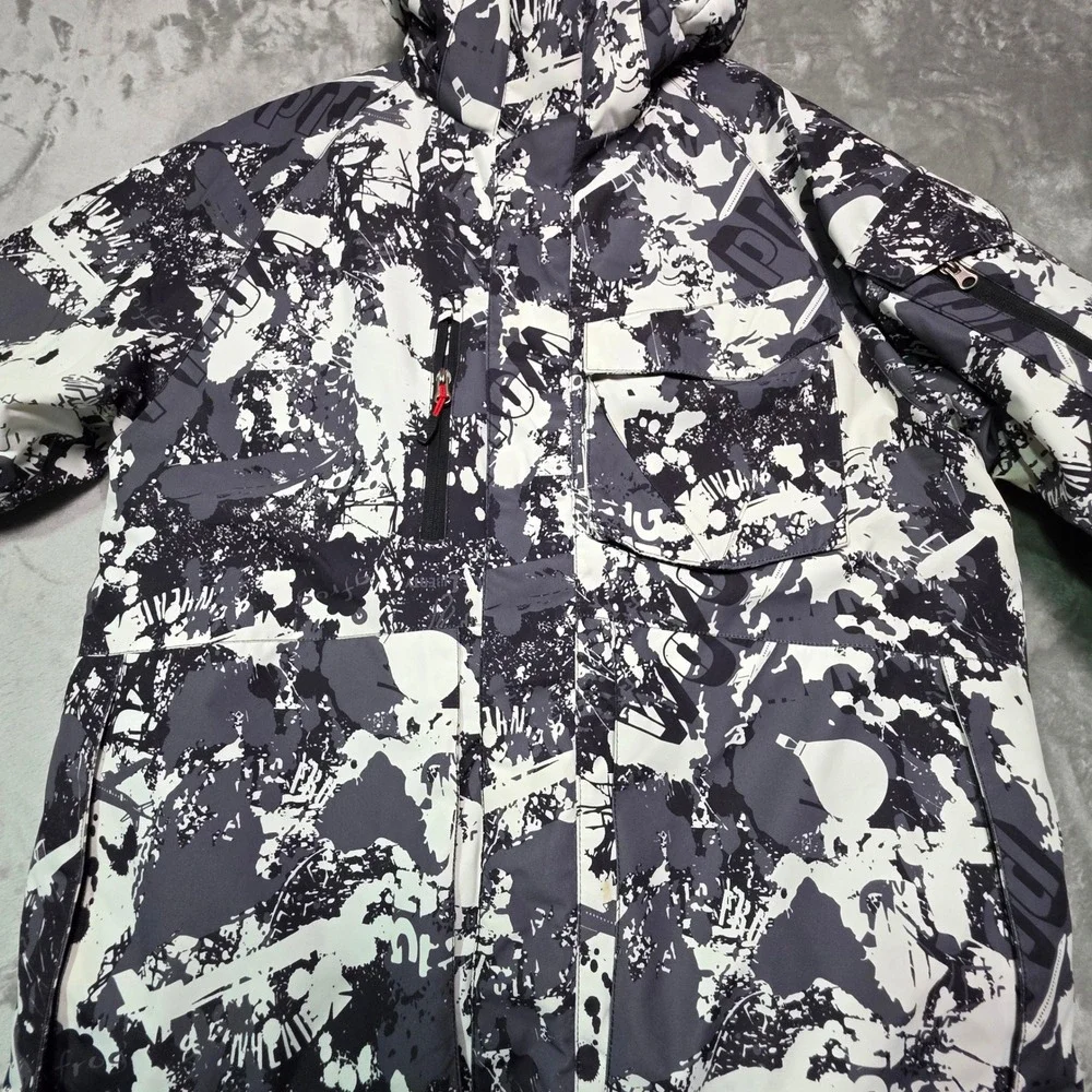 Bimodal Mens XL Ski Jacket Black White Abstract Graphic Hooded Winter Coat Coat